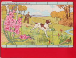 AIGUEBELLE CPA Publicitaire ART NOUVEAU Mois Année Fleurs SEPTEMBRE Chasseur Fusil Chien Chasse Lupins Faisan - Publicité