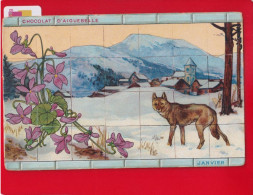 AIGUEBELLE CPA Publicitaire ART NOUVEAU Mois Année Fleurs JANVIER LOUP NEIGE Village - Publicité