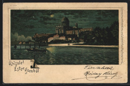 Lithographie Estergom, Nächtliches Panorama, Dampfer Auf Der Donau  - Hongrie