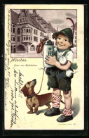 Künstler-AK P. O. Engelhard (P.O.E.): München, Junge Mit Bierkrug Und Dackel, Salvatorkeller  - Hunde