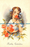 R114966 Greetings. Hjartlig Gratulation. Woman With Roses - Wereld