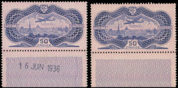 FRANCE POSTE AERIENNE - ** 15 50f. Burelage Rose, 2 Ex. Bdf Dont Un Daté 16/6/36 - 1927-1959 Mint/hinged