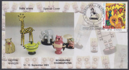 Inde India 2003 Special Cover Schoolpex Stamp Exhibition, Toys, Children, Toy Giraffe Elephant, Horse Pictorial Postmark - Brieven En Documenten