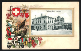 AK Winterthur, Ansicht Vom Bahnhof, Passepartout Mit Wappen Der Kantone Und Bergziege  - Otros & Sin Clasificación