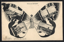 AK Darmstadt, Denkmal, Kirche, Stadtplatz, Abbildungen Auf Flügeln Einer Schmetterlingsfrau  - Photographie