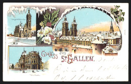 Winter-Lithographie St. Gallen, Linsenbühlkirche, Unionbank  - Saint-Gall