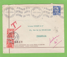 LETTRE D'ANNECY POUR CHARLEVILLE,TAXEE A L'ARRIVEE A 20 FRANCS,1954. - 1859-1959 Lettres & Documents