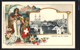 AK St. Gallen, Ortsansicht Mit Kirche, Helvetia Mit Schild Und Speer  - St. Gallen