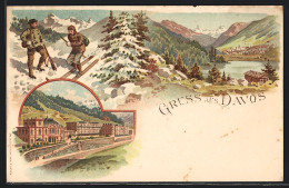 Lithographie Davos, Panorama, Ortspartie  - Davos