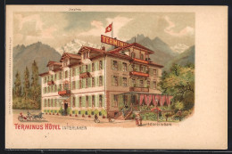 Lithographie Interlaken, Terminus Hotel, Hotel De La Gare  - Interlaken