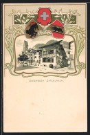 Lithographie Unterseen /Interlaken, Wohnhäuser Und Kirche, Stadtwappen  - Unterseen