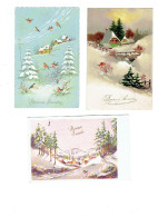 Lot 3 Cpa - Fleur - Illustration GD - PAYSAGE HIVER NEIGE OISEAU SAPIN - Bonne Année - Blumen