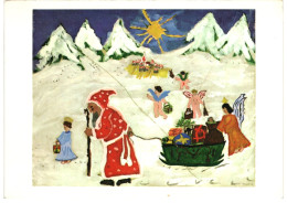 Santa Claus & Sled, Christmas Angels Winter Snow Unused Double-side Postcard. Publisher UNICEF Denmark - Andere & Zonder Classificatie