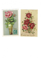 Lot 2 Cpa - Fleur - Illustration - Bonne Année Fleur ROSE Vase - L'Amitié Vous Les Offre - Gaufrée Dorure - Blumen