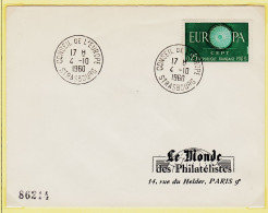 11977 / ⭐ EUROPA Conseil De L'EUROPE STRASBOURG 4 Octobre 1960 Enveloppe LE MONDE Des Philatéliste 14 Rue Helder Paris - 1921-1960: Période Moderne