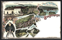 Lithographie Steyregg, Gasthaus Bangelmayr, Donau Eisenbahnbrücke, Graf Weissenwollf's Neues Schloss  - Other & Unclassified