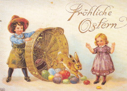Ostern-Wünsche, Kinder Mit Eier-Korb Ngl #F2336 - Pâques