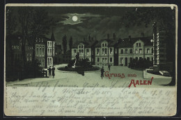 Mondschein-Lithographie Aalen, Stadtplatz Mit Denkmal Bei Vollmond  - Aalen