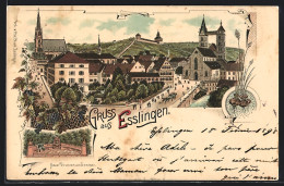 Lithographie Esslingen / Neckar, Ortsansicht Mit Kirche, Neuer Brunnen Am Seminar  - Esslingen