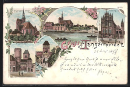 Lithographie Tangermünde A. E., Rathaus, Neustädter Tor, Rosspforte, St. Stephanskirche  - Tangermünde