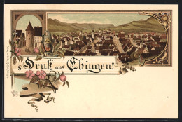 Lithographie Ebingen, Strassenpartie Mit Turm, Ortsansicht Mit Bergpanorama  - Autres & Non Classés