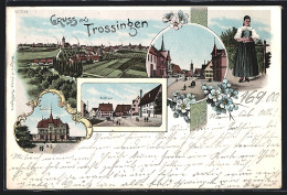 Lithographie Trossingen, Bahnhof, Rathhaus, Frau In Lokaler Tracht, Gesamtansicht  - Trossingen