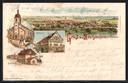 Lithographie Neuhausen A. D. Fildern, Bahnhof, Rathaus, Kirche, Panorama  - Autres & Non Classés