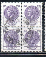 ITALIA REPUBBLICA ITALY REPUBLIC 1968 - 1976 SIRACUSANA TURRITA STELLE STARS LIRE 150 QUARTINA USATA BLOCK USED OBLITERE - 1961-70: Usados