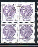 ITALIA REPUBBLICA ITALY REPUBLIC 1968 - 1976 SIRACUSANA TURRITA STELLE STARS LIRE 150 QUARTINA USATA BLOCK USED OBLITERE - 1961-70: Usados