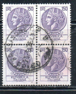ITALIA REPUBBLICA ITALY REPUBLIC 1968 - 1976 SIRACUSANA TURRITA STELLE STARS LIRE 150 QUARTINA USATA BLOCK USED OBLITERE - 1961-70: Oblitérés