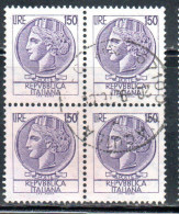 ITALIA REPUBBLICA ITALY REPUBLIC 1968 - 1976 SIRACUSANA TURRITA STELLE STARS LIRE 150 QUARTINA USATA BLOCK USED OBLITERE - 1961-70: Usados