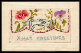 * CP BRODEE AVEC CARTE A L'INTERIEUR * XMAS GREETINGS * FLEURS * PIVOINES * POIGNEE DE MAINS - Bestickt