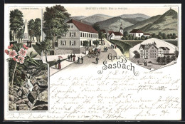 Lithographie Sasbach / Baden, Gasthof Z. Engel, Inh. J. Habich, Institut Lender, Turenne-Denkmal, Gaishöhle  - Sasbach