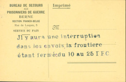 Suisse Guerre 14 Carte Bureau De Secours Aux Prisonniers De Guerre Berne Section Franco Belge Service Du Pain - Lettres & Documents