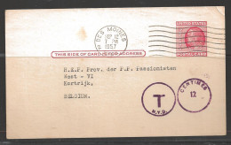 1957 2 Cents Postcard, Des Moines, Mailed To Belgium. "T" N.Y.D., 12 Cent. - Storia Postale