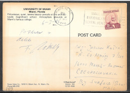 1985 25c Douglas, University Miami Postcard To Czechoslovakia (8 Mar) - Cartas & Documentos