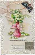 Je Porte Bonheur -carte Fantaisie Anniversaire -découpis Dentelle Vase Fleurs Ruban Papillon CPA Circulée - Geburtstag