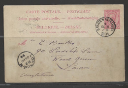 1891 Postal Card Bruges (Station) Oct 10, London Rec'd Mark Same Day - 1884-1891 Léopold II