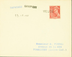 Meuse Guerre 40 Oblitération De Fortune Débâcle Cachets MEUSE + SAMPIGNY Manuscrit 23 10 40YT N°412 Mercure - 2. Weltkrieg 1939-1945