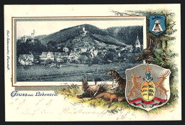 Passepartout-Lithographie Bad Liebenzell, Jagdhund, Wappen, Auerhahn, Hase, Panorama Um 1900  - Autres & Non Classés