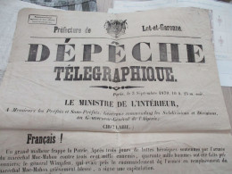 Affiche En L'état 42 X 53 Env  Lot Et Garonne Dépêche Télégraphique Paris  Guerre 1870 Opérations Militaires Défaite Mac - Gesetze & Erlasse
