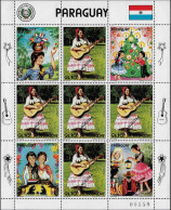 Paraguay 1985 Y&T PA 971 En Feuillet Surchargé Muestra, Specimen. Noël 1984, Femme En Robe Traditionnelle Et Guitare - Musik