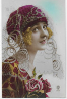 Carte Fantaisie Portrait Femme Dentelle Bouquet De Fleurs Edit. RP N° 1712 CPA Circulée 1928 - Women