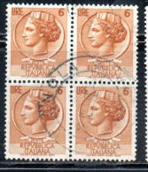 ITALIA REPUBBLICA ITALY REPUBLIC 1968 - 1976 SIRACUSANA TURRITA STELLE STARS LIRE 6 QUARTINA USATO BLOCK USED OBLITERE' - 1961-70: Oblitérés