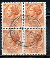 ITALIA REPUBBLICA ITALY REPUBLIC 1968 - 1976 SIRACUSANA TURRITA STELLE STARS LIRE 6 QUARTINA USATO BLOCK USED OBLITERE' - 1961-70: Oblitérés