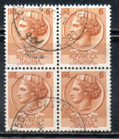 ITALIA REPUBBLICA ITALY REPUBLIC 1968 - 1976 SIRACUSANA TURRITA STELLE STARS LIRE 6 QUARTINA USATO BLOCK USED OBLITERE' - 1961-70: Oblitérés