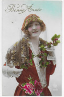 Bonne Année Carte Fantaisie Portrait Femme Dentelle Fleurs Houx Edit. N° 2585 CPA Circulée - Nouvel An
