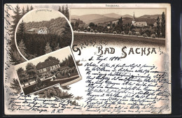 Vorläufer-Lithographie Bad Sachsa I. H., 1894, Restaurant Schützenhaus, Gasthaus Am Katzenstein, Panorama  - Bad Sachsa