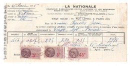 Lettre De Change LA NATIONALE  COMPAGNIE D'ASSURANCES  PARIS 1938    (1781) - Letras De Cambio