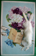 Rare Cpa Gaufrée LAPIN BLANC FOURRURE VERITABLE Et BOUQUET FLEURS, Gaufrée 1910 , REAL FUR WHITE RABBIT  EMBOSSED OLD PC - Easter